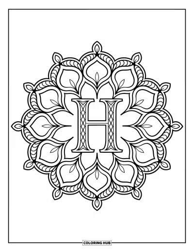 Coloriage de la lettre H pour adultes : Un mandala floral tourbillonnant enveloppe un grand H orné