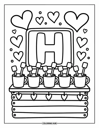 Coloriage de la lettre H pour adultes : Un stand de chocolat chaud plein de charme avec la lettre H, de la vapeur en forme de cœur et des tasses surmontées de guimauves