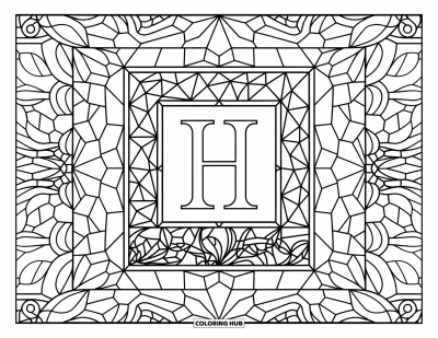 Coloriage de la lettre H pour adultes : Un H repose dans un cadre façon vitrail avec des fleurs, des lianes et des formes élégantes