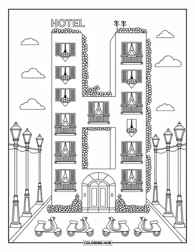 Coloriage de la lettre H pour adultes : Un hôtel en forme de H avec des balcons, des plantes, des rideaux qui voltigent et des scooters garés en bas