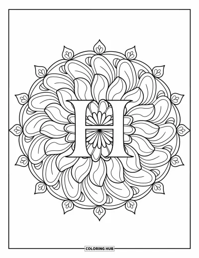 Coloriage de la lettre H pour adultes : Un H orné est inscrit dans un mandala rond de pétales et de feuilles superposés
