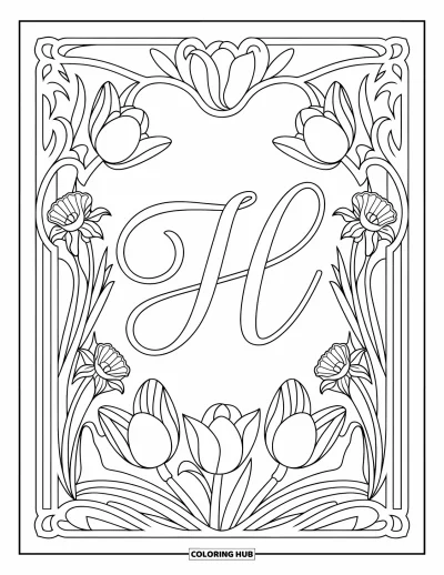 Coloriage de la lettre H pour adultes : Un H cursif dans un cadre floral de tulipes et de lignes tourbillonnantes légères