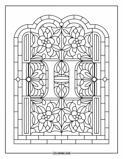 Coloriage de la lettre H pour adultes : Des formes florales et courbes façon vitrail entourent un H majuscule centré