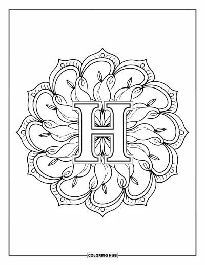 Coloriage de la lettre H pour adultes : Un mandala floral entoure un élégant H avec des motifs détaillés et des bordures ornées