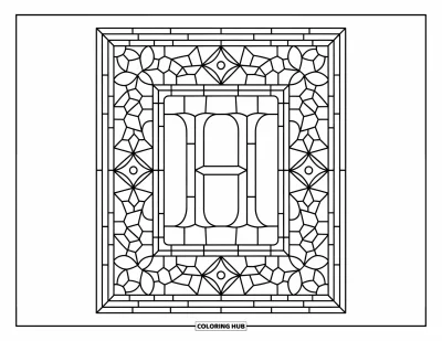 Coloriage de la lettre H pour adultes : Un cadre géométrique et floral façon vitrail entoure la lettre H