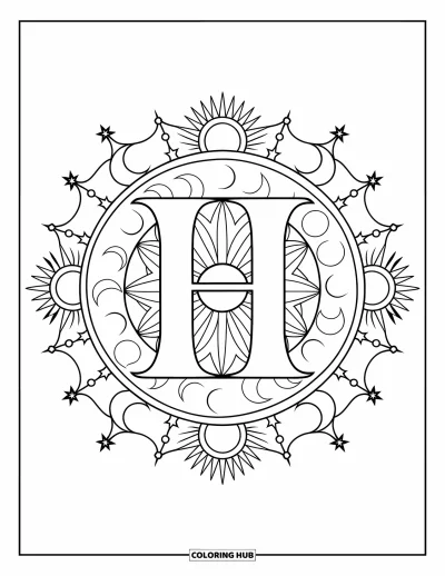 Coloriage de la lettre H pour adultes : Le H est centré dans un mandala rempli d'étoiles, de lunes et de soleils rayonnants
