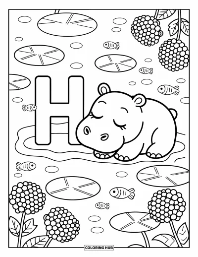 Coloriage de la lettre H pour adultes : Le H repose près d'un hippopotame assoupi dans un étang avec des nénuphars, des poissons et des fleurs