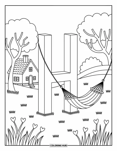 Coloriage de la lettre H pour adultes : Le H s'élève dans un champ paisible avec un hamac, des fleurs en cœur et une petite maison douillette