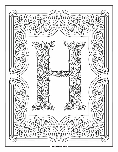 Coloriage de la lettre H pour adultes : Le H repose dans un cadre floral symétrique avec des détails tourbillonnants façon vitrail