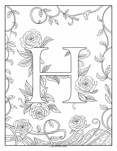 Coloriage de la lettre H pour adultes : Le H est au cœur d'un tourbillon de lianes et de motifs de roses luxuriants