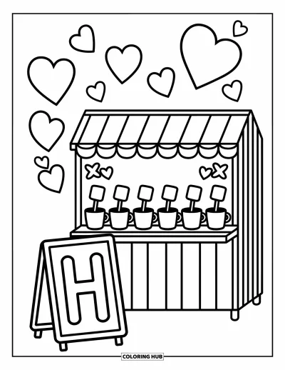 Coloriage de la lettre H pour adultes : Le H est posé près d'un stand de chocolat chaud douillet rempli de tasses, de guimauves et de vapeur en cœur