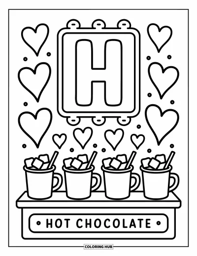Coloriage de la lettre H pour adultes : La lettre H devient une enseigne à chocolat chaud avec des tasses à guimauves et des nuages en forme de cœur