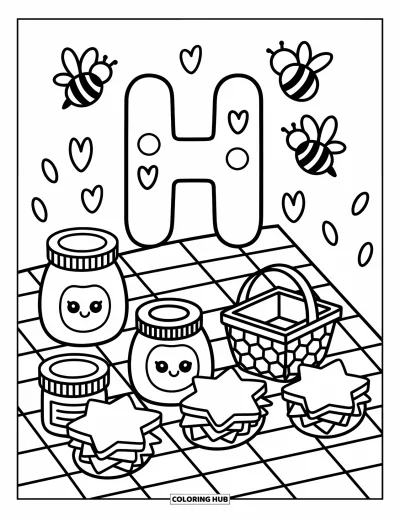 Coloriage de la lettre H pour adultes : La lettre H profite d'un pique-nique avec des délices au miel, une nappe à carreaux et des abeilles qui dansent