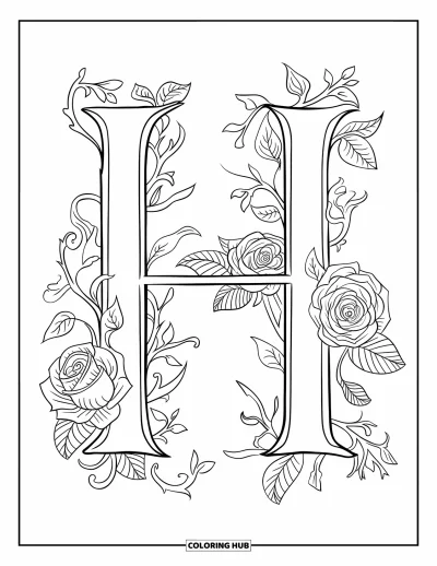 Coloriage de la lettre H pour adultes : La lettre H est enveloppée de délicates lianes et de roses en fleurs