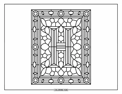 Coloriage de la lettre H pour adultes : La lettre H est au centre d'un cadre floral et géométrique façon vitrail