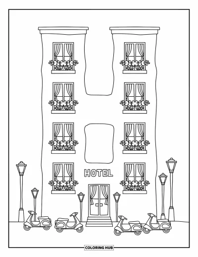 Coloriage de la lettre H pour adultes : Un grand hôtel H avec de jolis balcons, de petits scooters et des réverbères chaleureux tout autour