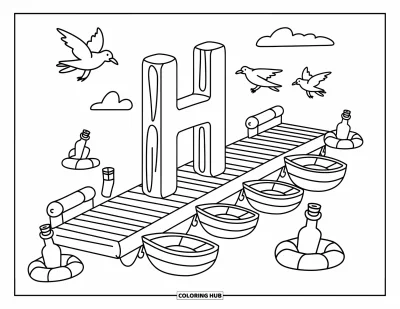 Coloriage de la lettre H pour adultes : La lettre H devient un poteau de quai dans un port tranquille avec des oiseaux et une atmosphère apaisante