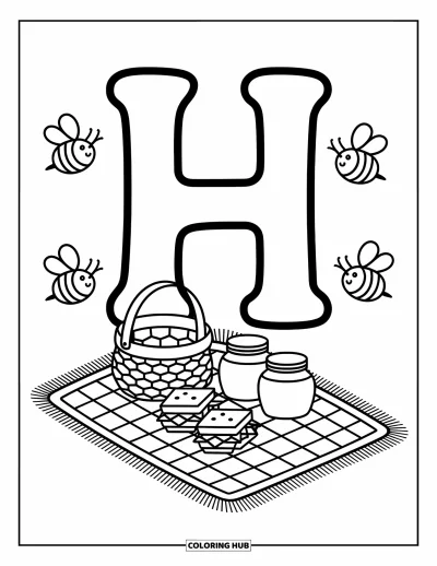 Coloriage de la lettre H pour adultes : La lettre H rejoint un pique-nique avec des pots de miel, des abeilles et un joli panier en nid d'abeille