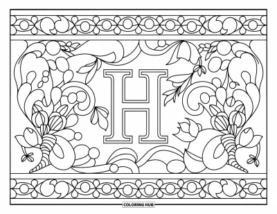 Coloriage de la lettre H pour adultes : La lettre H repose à l'intérieur d'une bordure dentelle complexe de fleurs et de lianes