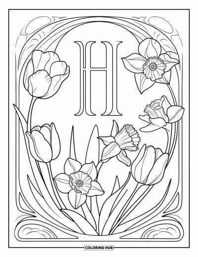 Coloriage de la lettre H pour adultes : Des tulipes et des jonquilles encadrent un élégant H dans un style Art nouveau