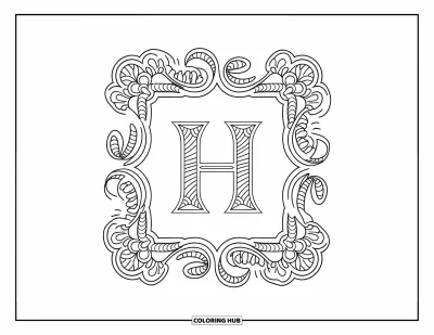Coloriage de la lettre H pour adultes : Un cadre de style victorien enveloppe la lettre H de gracieuses arabesques florales