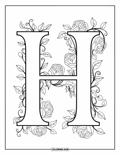 Coloriage de la lettre H pour adultes : Des lianes et des roses encadrent un H en gras dans un décor floral fluide