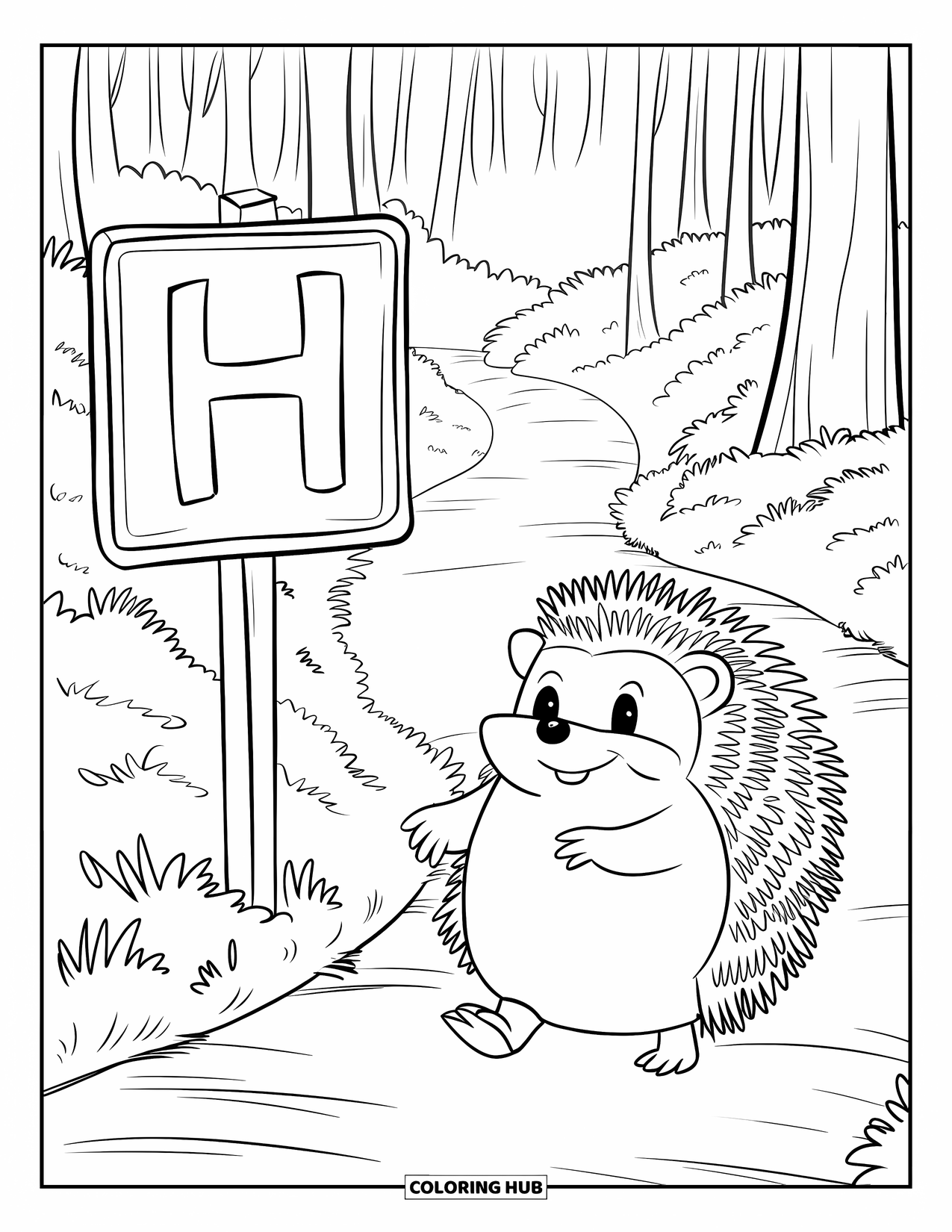 Letter H Coloring Page for Kids: A button-nosed hedgehog in a forest follows a trail near a weathered H sign