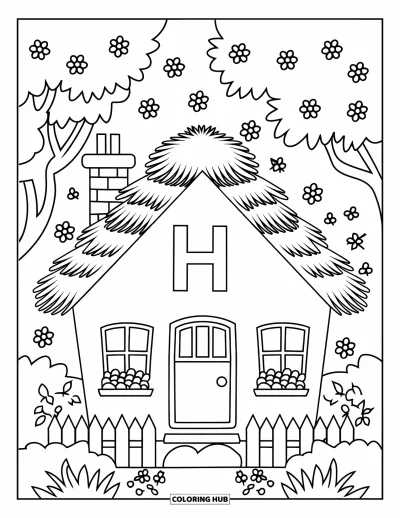 Coloriage de la lettre H pour enfants : Une maison charmante entourée d'une clôture cache la lettre H dans sa forme