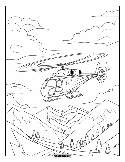 Coloriage de la lettre H pour enfants : Un hélicoptère classique flotte au-dessus de montagnes pittoresques et de pentes boisées