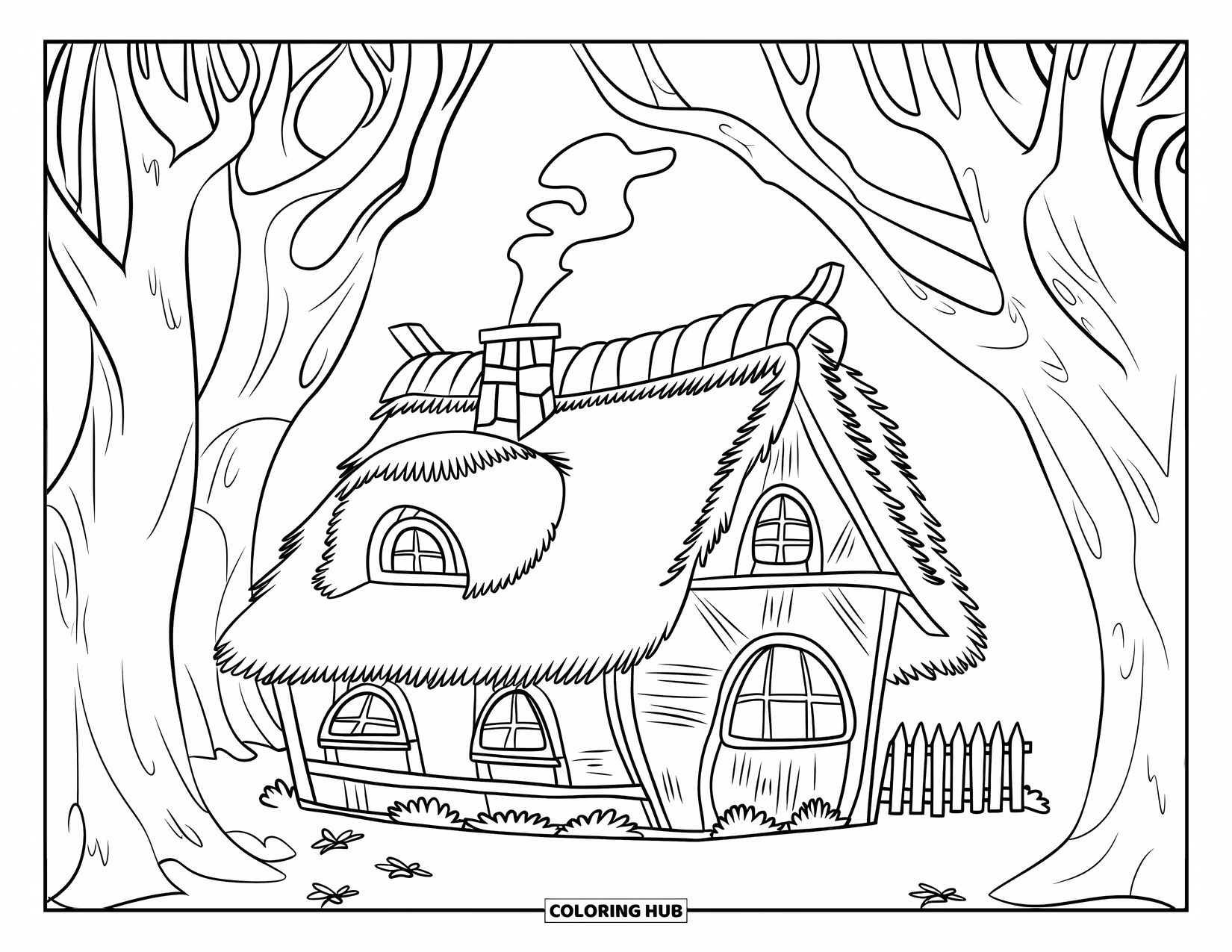 Letter H Coloring Page for Kids: A cozy house sits among trees with chimney smoke curling into the sky