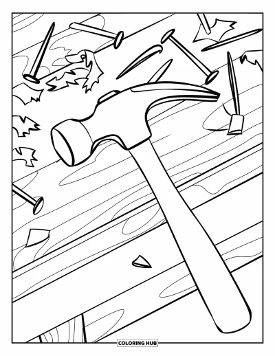Coloriage de la lettre H pour enfants : Un marteau repose sur un établi animé avec des clous et des copeaux de bois