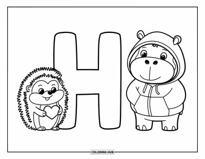 Coloriage de la lettre H pour enfants : Un hippopotame souriant et un hérisson tenant un cœur se tiennent près du H et du h