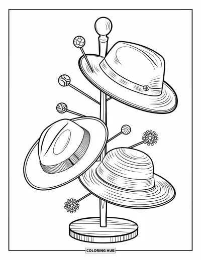 Coloriage de la lettre H pour enfants : Un présentoir de chapeaux tient des feutres, des bonnets et des chapeaux melon avec de jolis pins