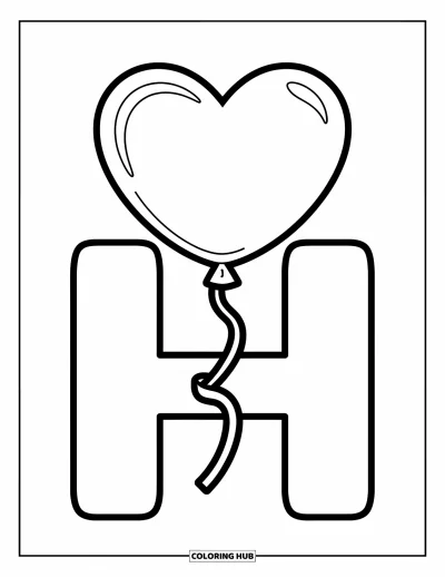 Coloriage de la lettre H pour enfants : Un ballon en forme de cœur flotte au-dessus d'un grand H attaché avec un ruban