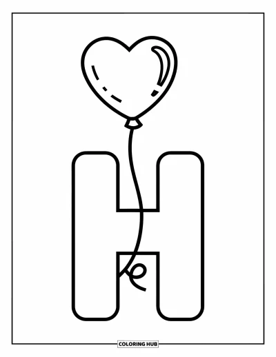 Coloriage de la lettre H pour enfants : Un ballon en forme de cœur est attaché à une simple lettre H sur fond blanc