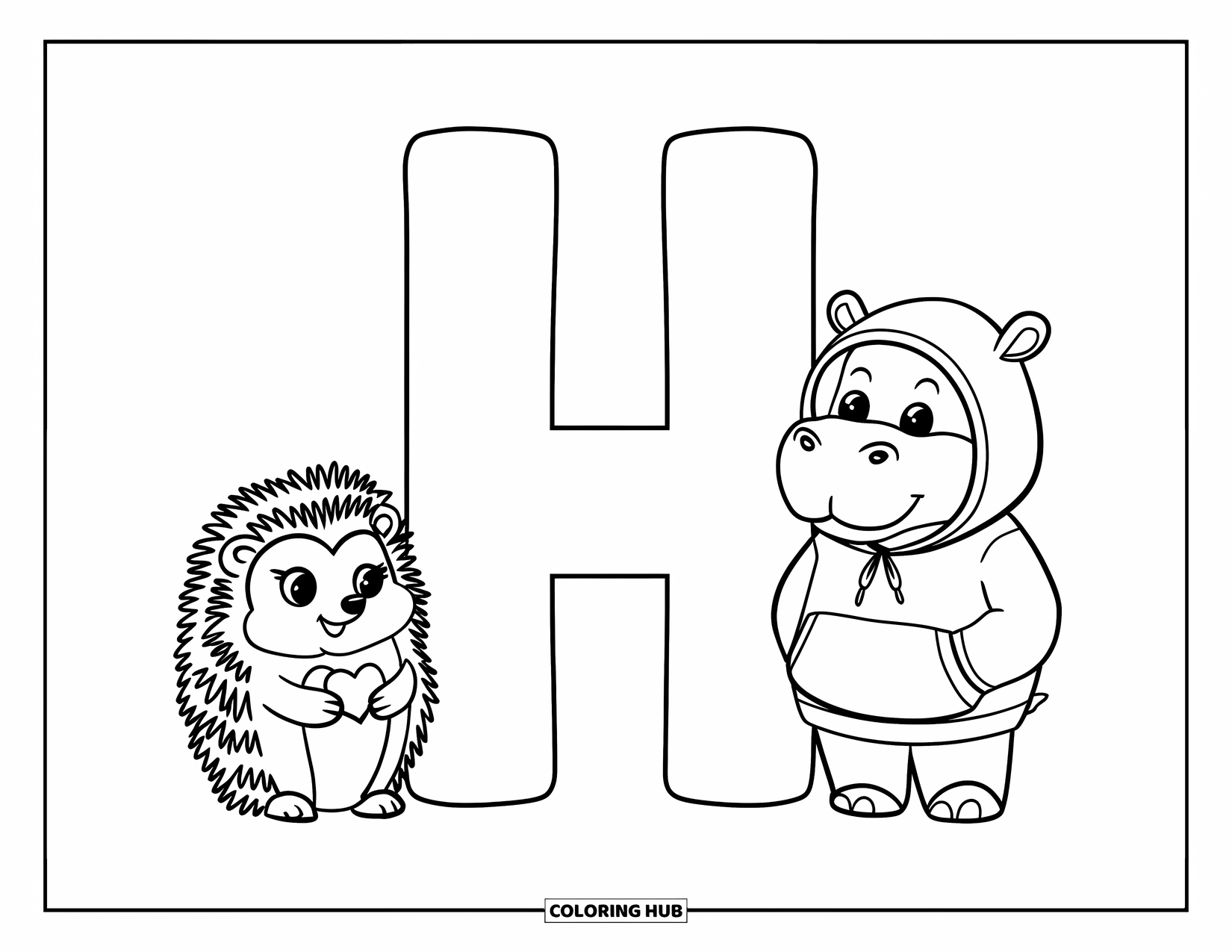 Letter H Coloring Page for Kids: A hedgehog hugs a heart beside a big H, and a hippo in a hoodie stands nearby