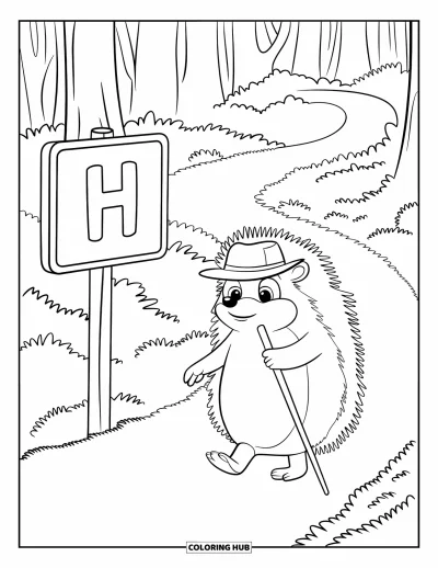 Coloriage de la lettre H pour enfants : Un hérisson coiffé d'un petit chapeau passe devant un panneau H dans la forêt
