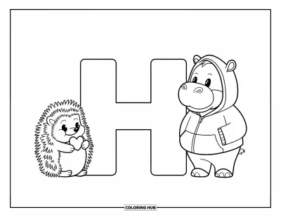 Coloriage de la lettre H pour enfants : Un hérisson avec un petit cœur et un hippopotame en sweat à capuche flanquent la lettre H