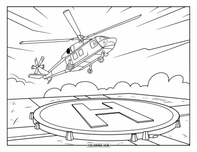 Coloriage de la lettre H pour enfants : Un hélicoptère vole près d'un héliport entouré de bâtiments et d'arbres