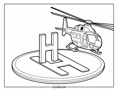 Coloriage de la lettre H pour enfants : Un hélicoptère plane au-dessus d'un héliport marqué d'un grand H en gras