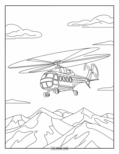 Coloriage de la lettre H pour enfants : Un hélicoptère survole de hautes montagnes et de gros nuages tout blancs