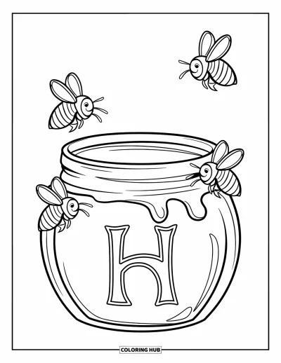Coloriage de la lettre H pour enfants : Un pot de miel est posé près d'un H stylisé pendant que des abeilles bourdonnent autour