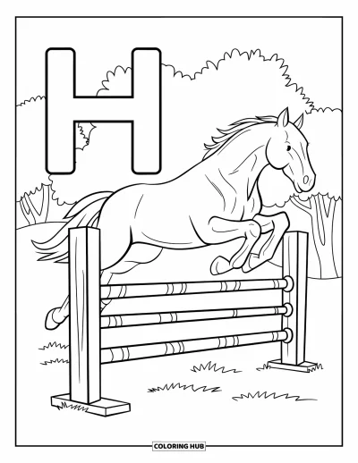 Coloriage de la lettre H pour enfants : Un cheval vole dans les airs au-dessus d'une clôture avec des arbres en arrière-plan