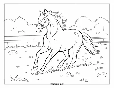 Coloriage de la lettre H pour enfants : Un cheval galope dans un champ de fleurs avec des arbres et une clôture en arrière-plan