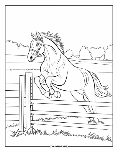 Coloriage de la lettre H pour enfants : Un cheval saute une clôture avec des contours bien nets et un paysage paisible