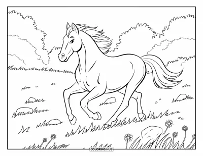 Coloriage de la lettre H pour enfants : Un cheval court dans une prairie herbeuse parsemée de pierres et de fleurs