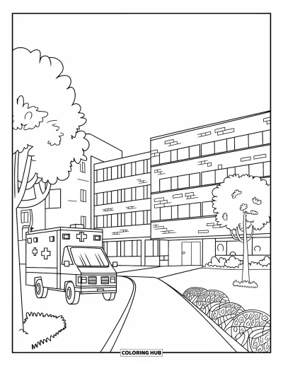Coloriage de la lettre H pour enfants : Un bâtiment hospitalier se dresse fièrement avec des arbres, une allée et une ambulance garée
