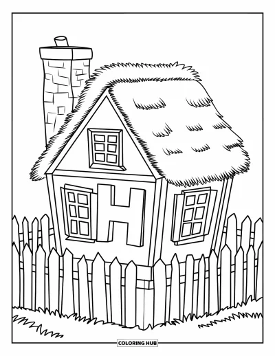 Coloriage de la lettre H pour enfants : Une maison avec une cheminée et une clôture cache la lettre H en son cœur