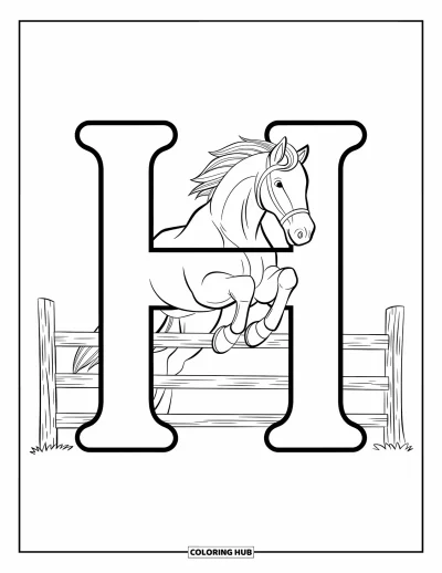 Coloriage de la lettre H pour enfants : Un cheval bondissant saute par-dessus une clôture en bois à côté de la lettre H