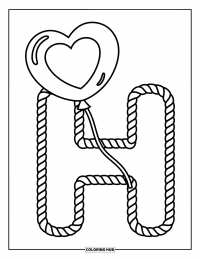 Coloriage de la lettre H pour enfants : Un H en corde tient un ballon en forme de cœur prêt à s'envoler